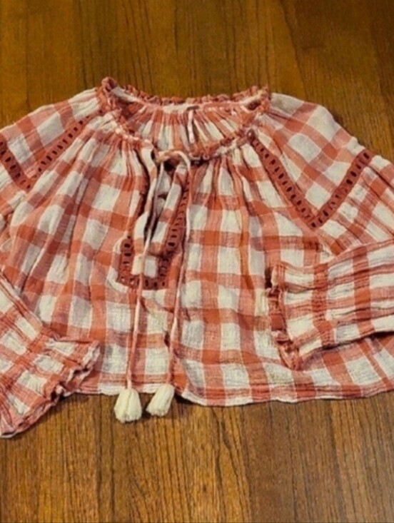 Free People Tops - Free People Coral and Cream Plaid Muslin Blouse
